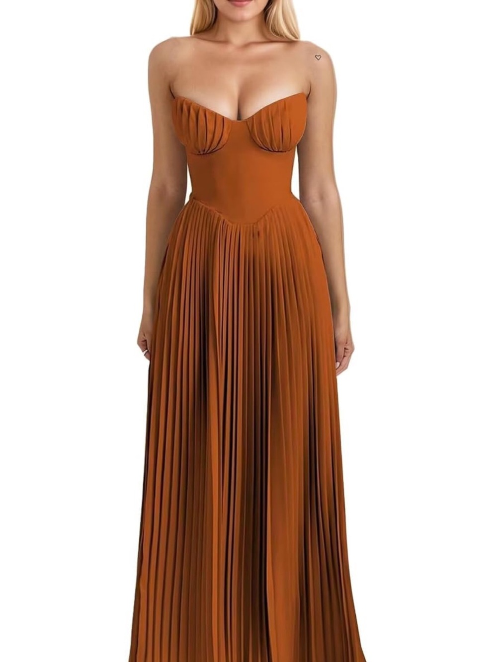 Strapless Pleated Maxi Dress in Rust orange